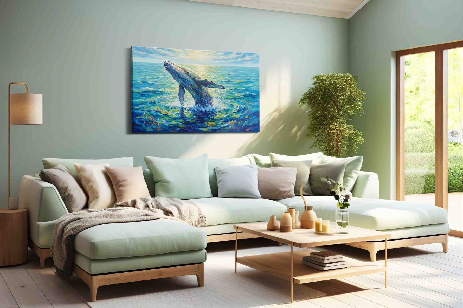 Whale Symphony at Dawn II sealife canvas print, hanging on wall