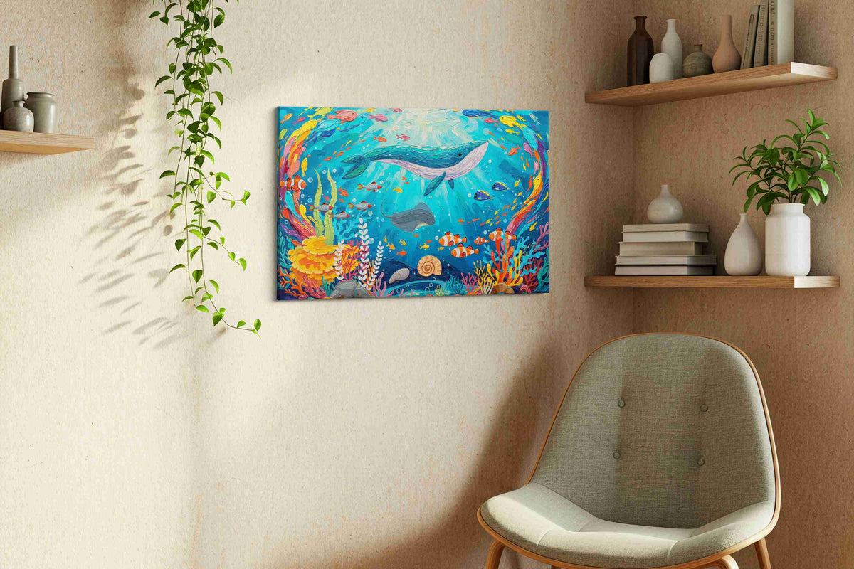 Whale's Harmony in the Coral Symphony sealife canvas print, displayed in a living room