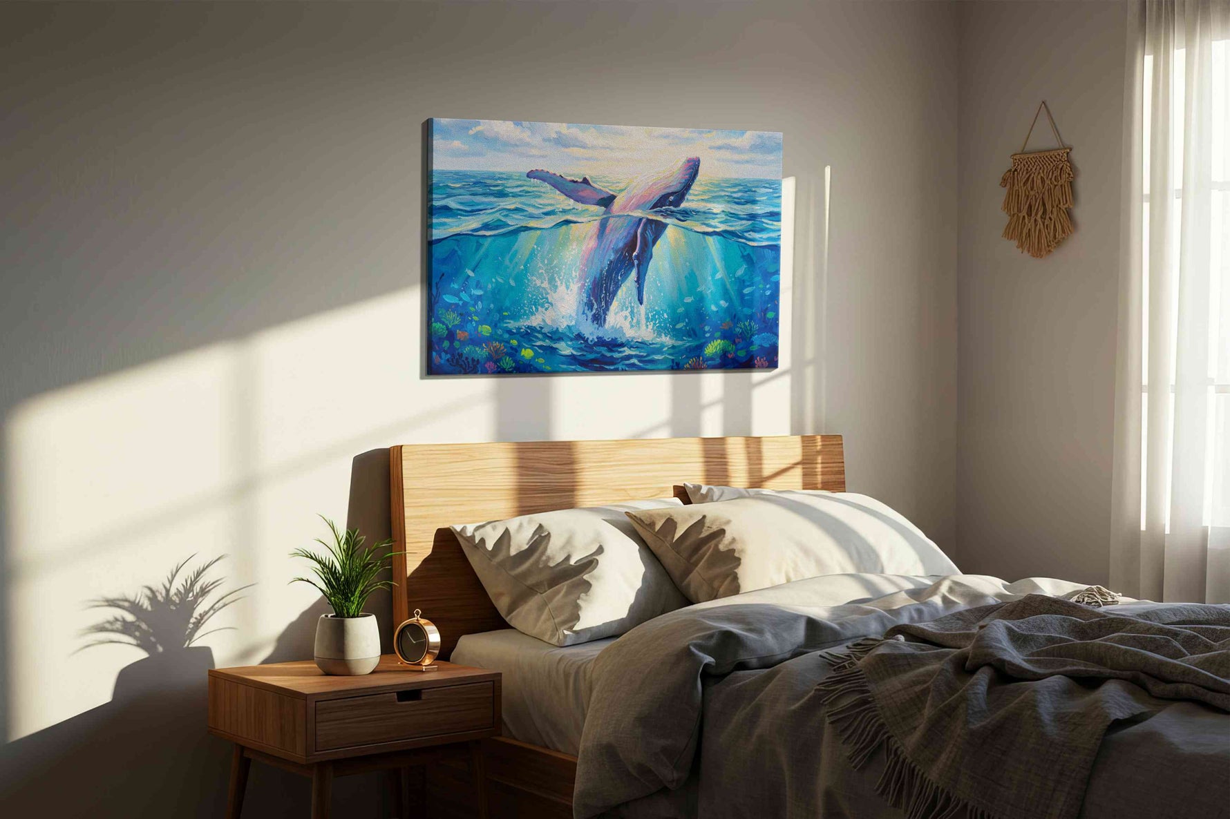 Whale's Leap into Light sealife canvas print, displayed in a bedroom