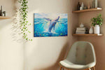 Whale's Leap into Light sealife canvas print, displayed in a living room