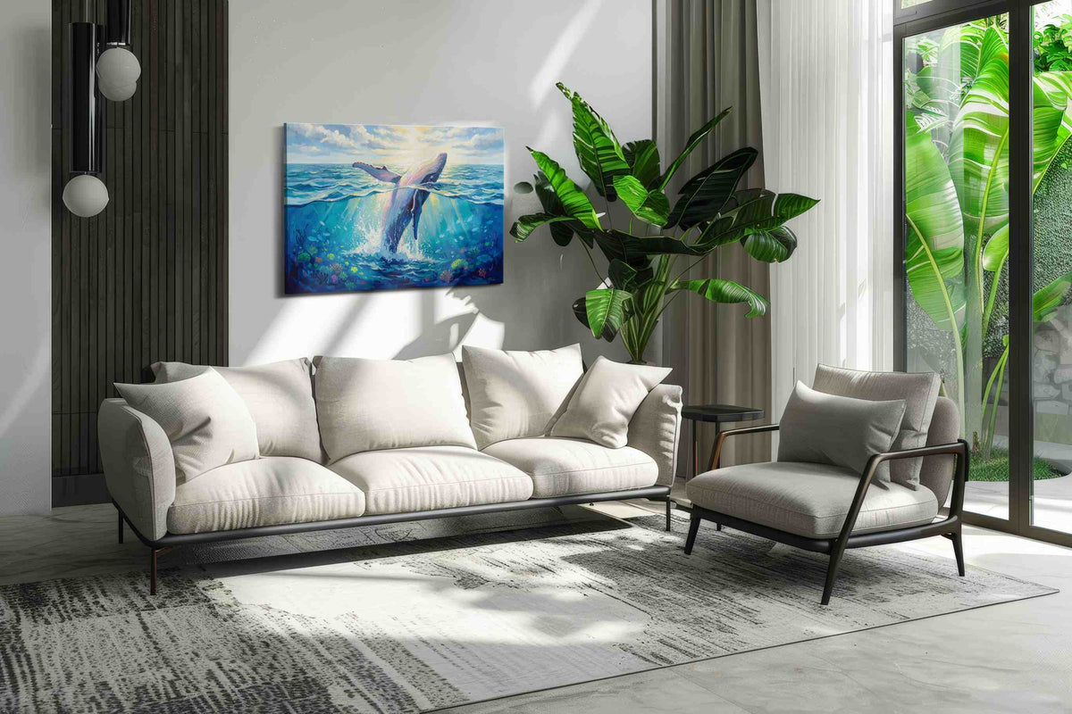 Whale's Leap into Light sealife canvas print, on wall, lifestyle preview