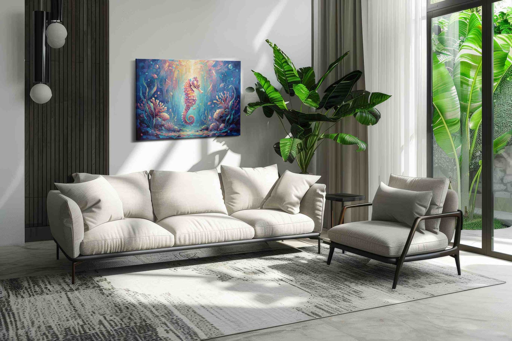 Whimsical Seahorse Symphony sealife canvas print in a hung canvas mockup