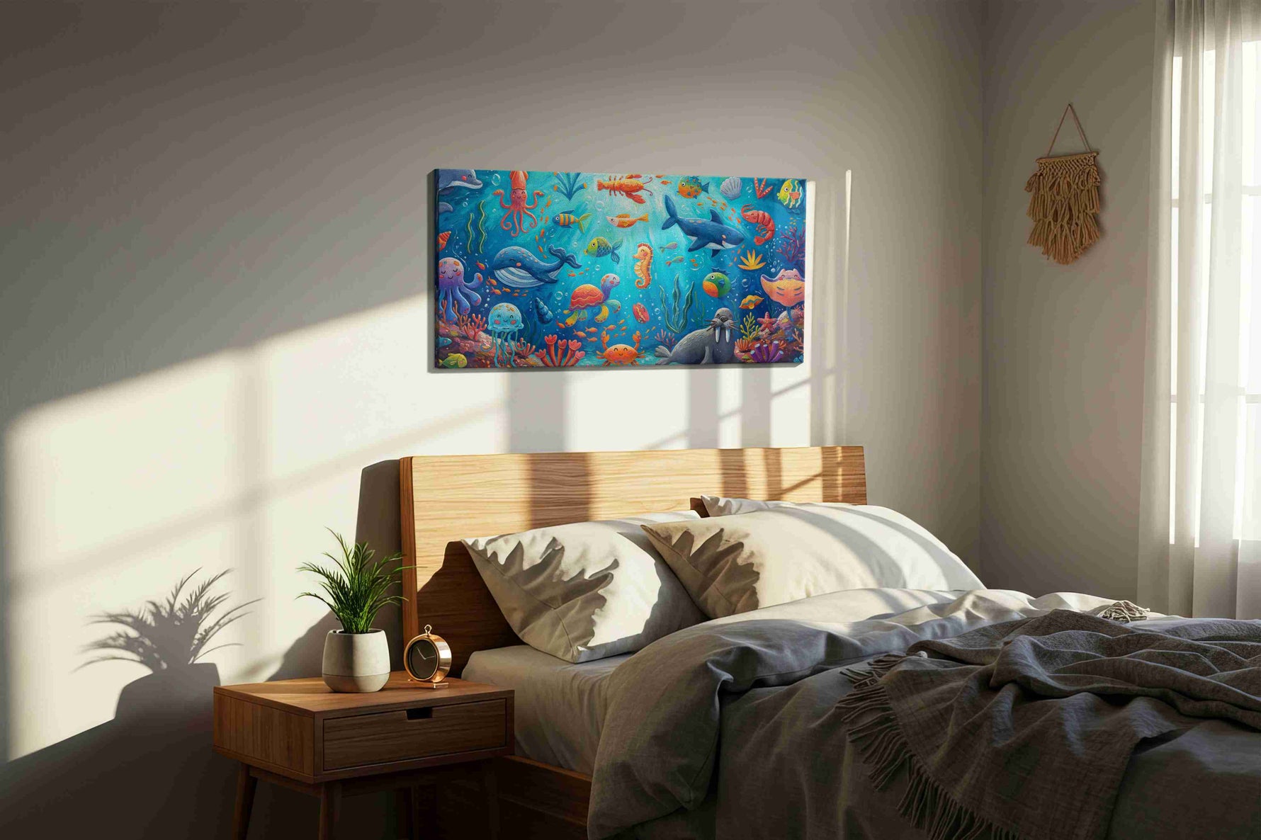 Whimsical Underwater Ballad sealife canvas print, displayed in a bedroom