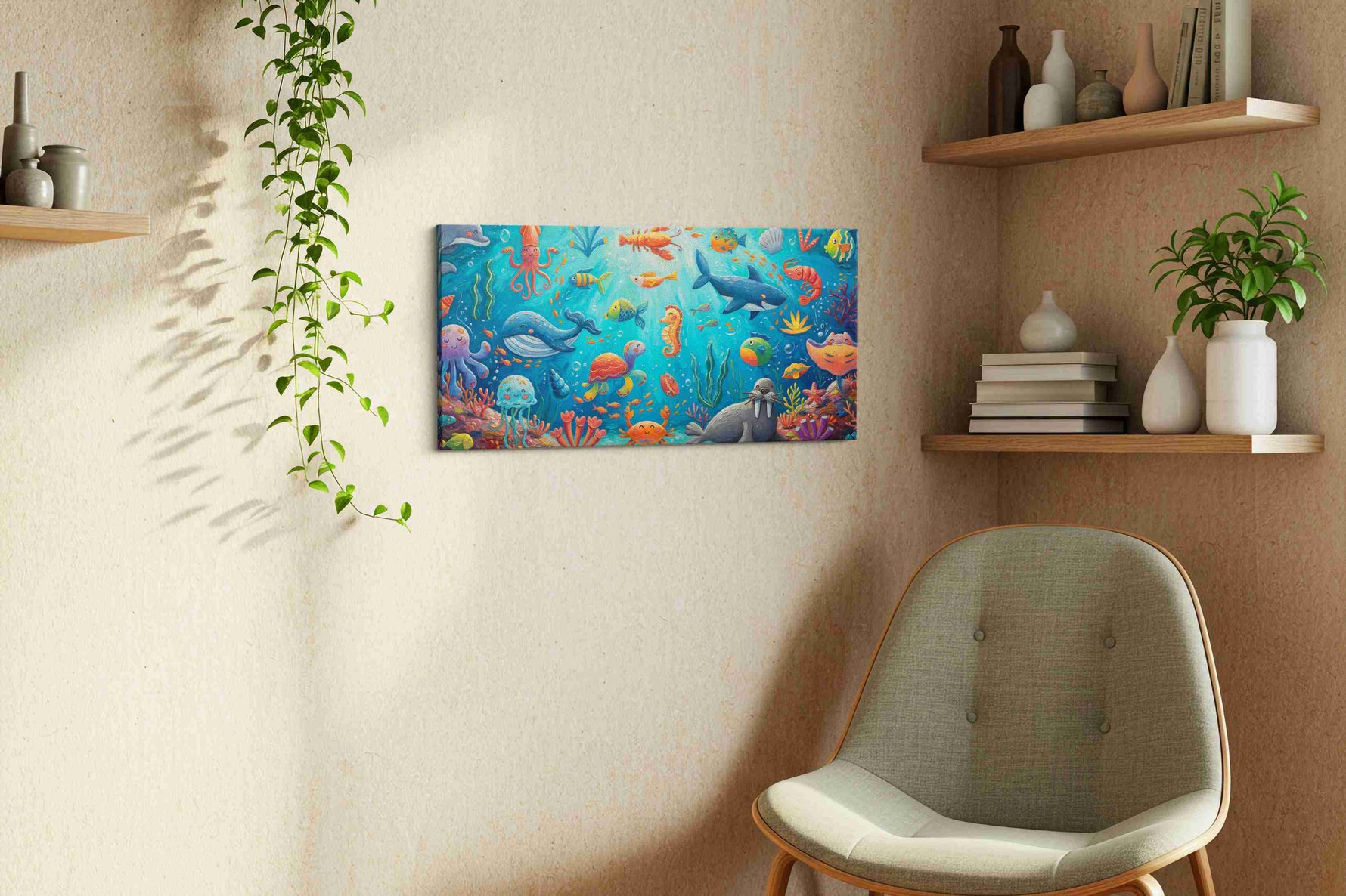 Whimsical Underwater Ballad sealife canvas print, hanging on wall — view 2