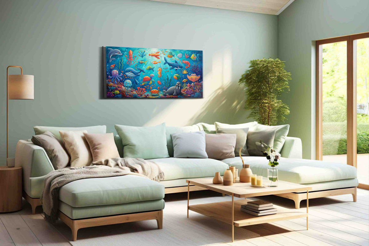 Whimsical Underwater Ballad sealife canvas print shown in a wall scene