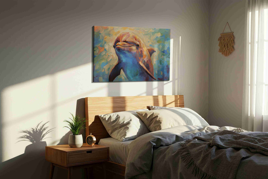 Whimsical Wave Dancer sealife canvas print, displayed in a bedroom