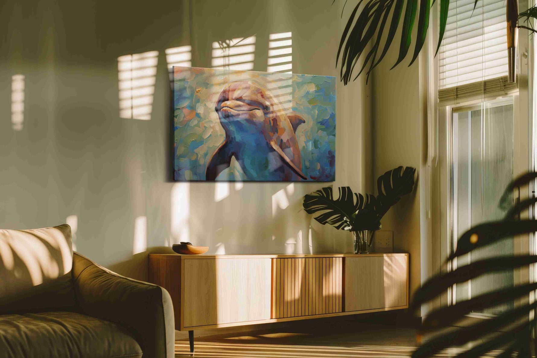 Whimsical Wave Dancer sealife canvas print in a contemporary interior mockup