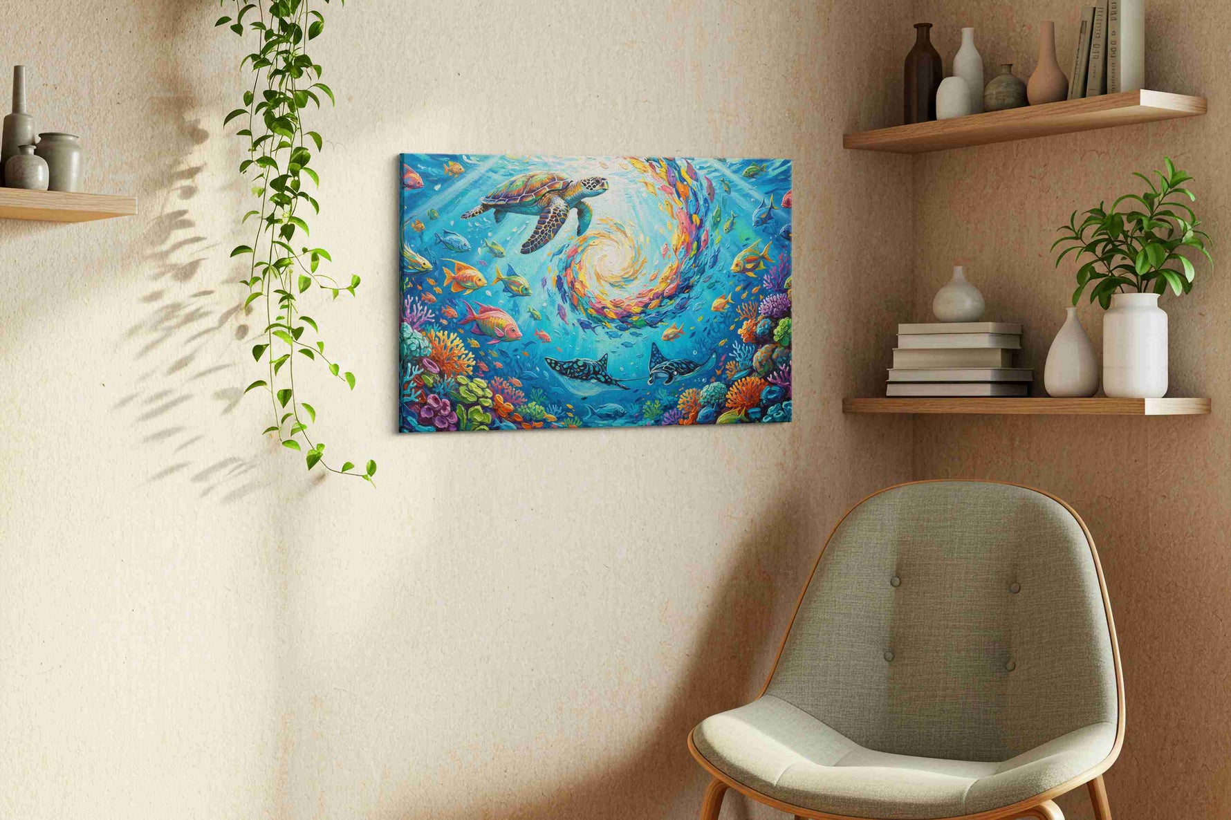Whirlpool of Ocean Wonders sealife canvas print styled in a living room