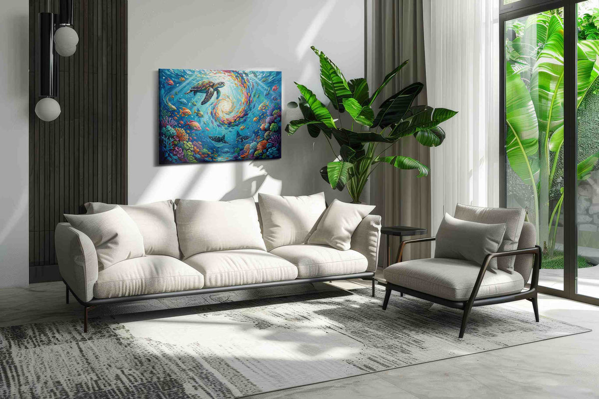 Whirlpool of Ocean Wonders sealife canvas print, on wall, lifestyle preview