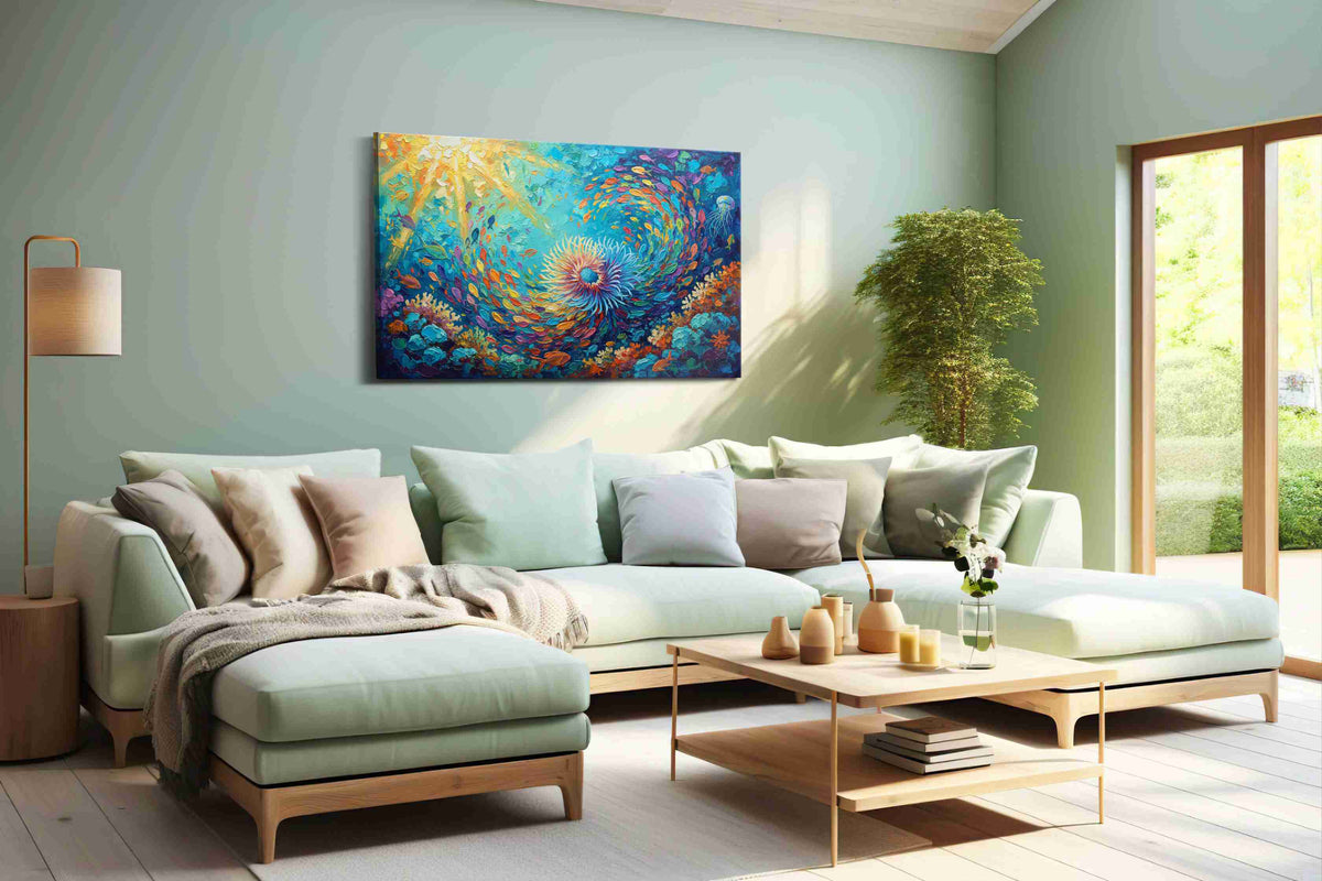 Whirlpool of Vibrant Coral Dreams sealife canvas print shown in a wall scene