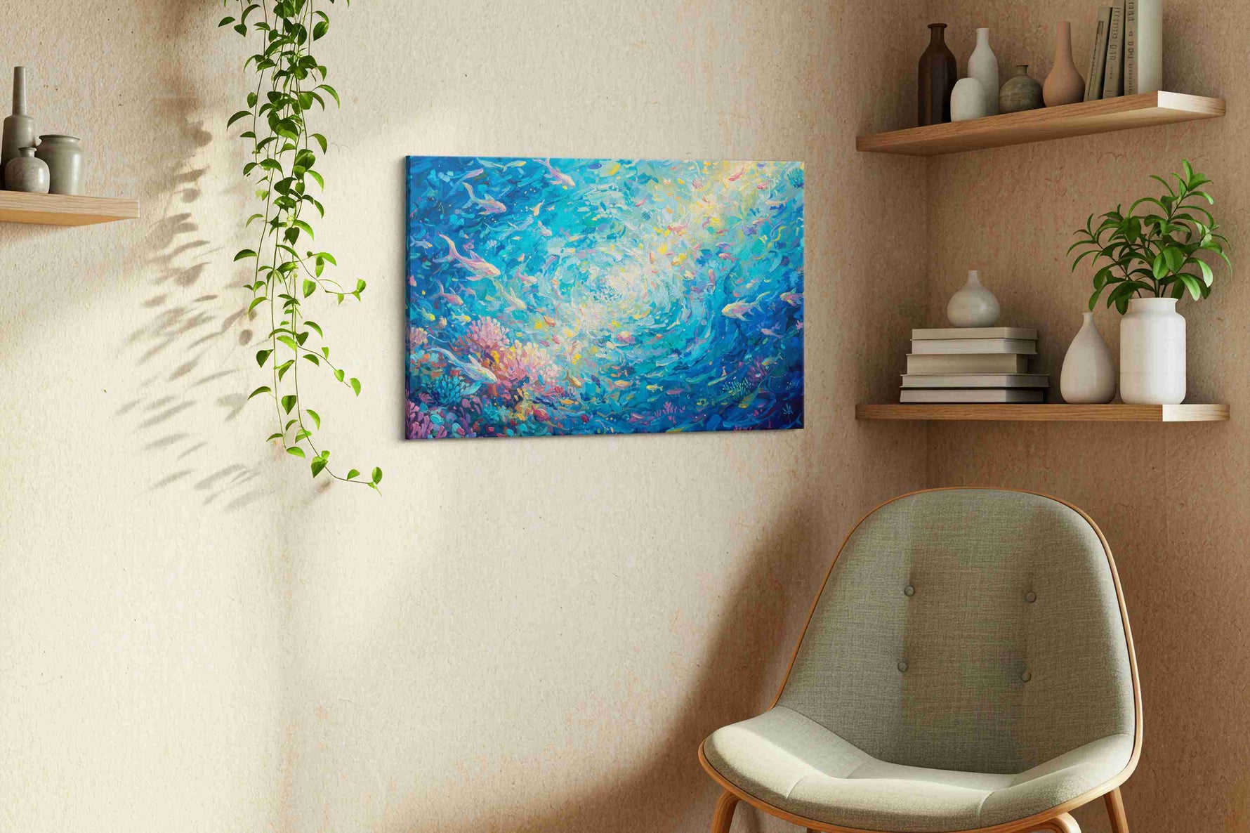 Whirls of the Deep Blue sealife canvas print, displayed in a living room