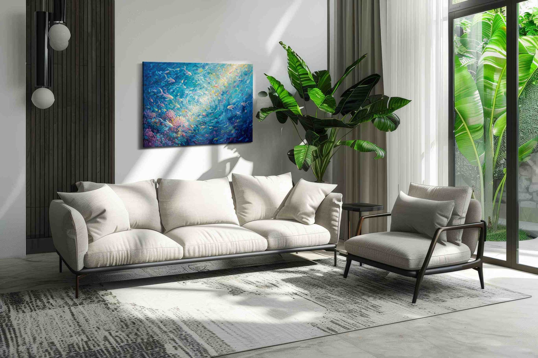 Whirls of the Deep Blue sealife canvas print in a modern interior mockup
