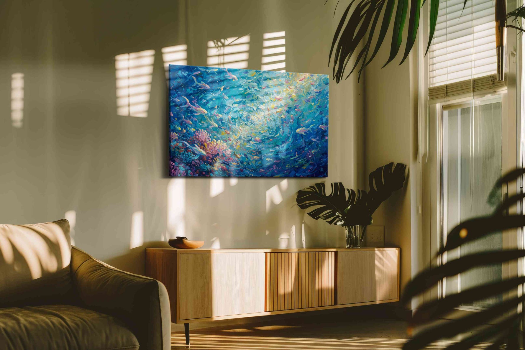 Whirls of the Deep Blue sealife canvas print, on wall, lifestyle preview
