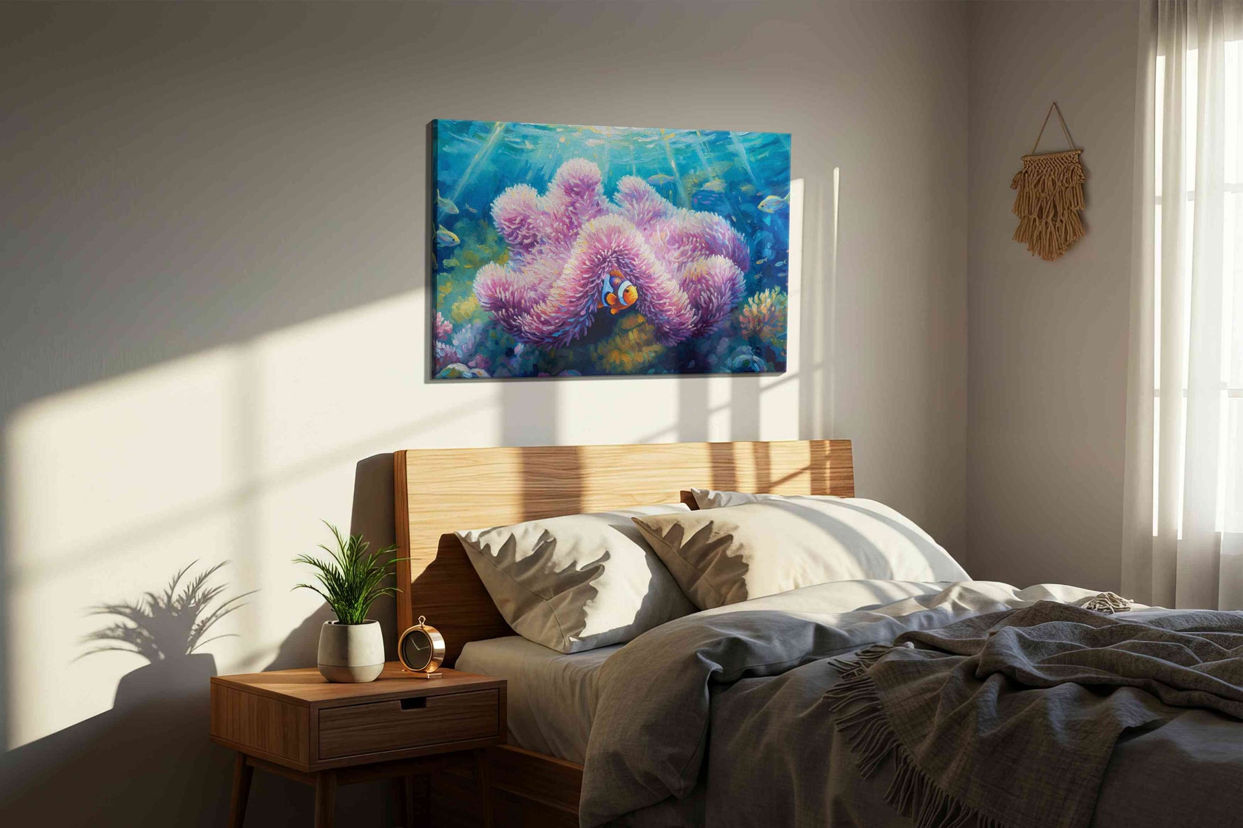 Whispers of the Coral Kingdom sealife canvas print, displayed in a bedroom