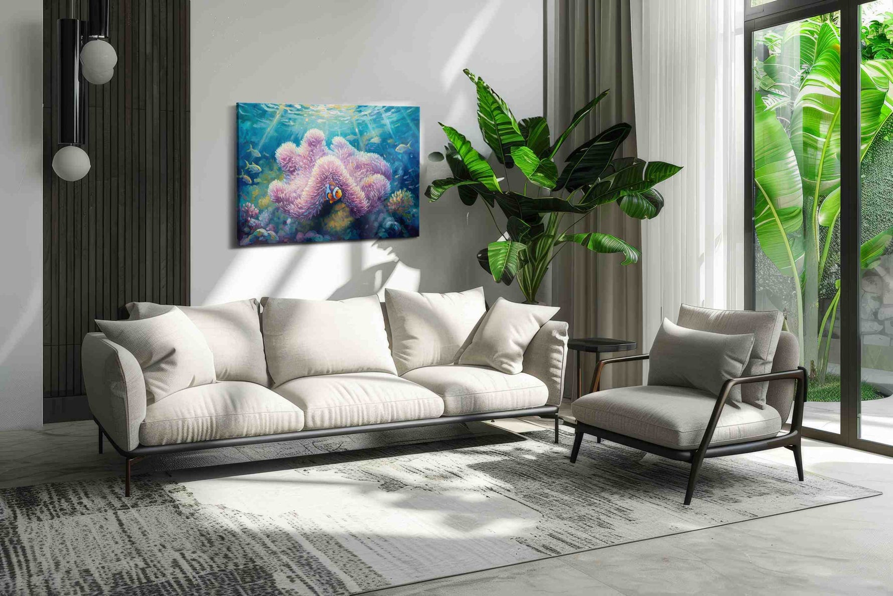 Whispers of the Coral Kingdom sealife canvas print, hanging on wall — in a hung canvas mockup