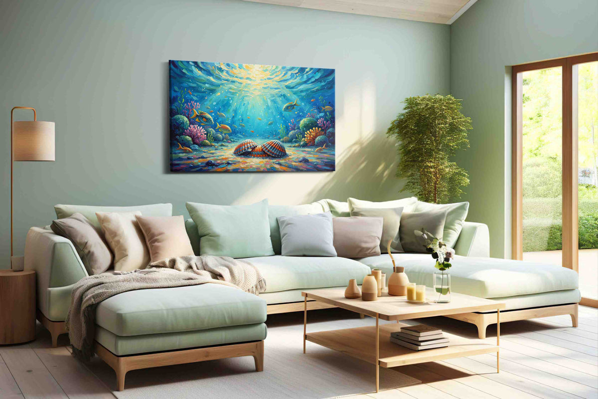 Whispers of the Deep II sealife canvas print, hanging on wall