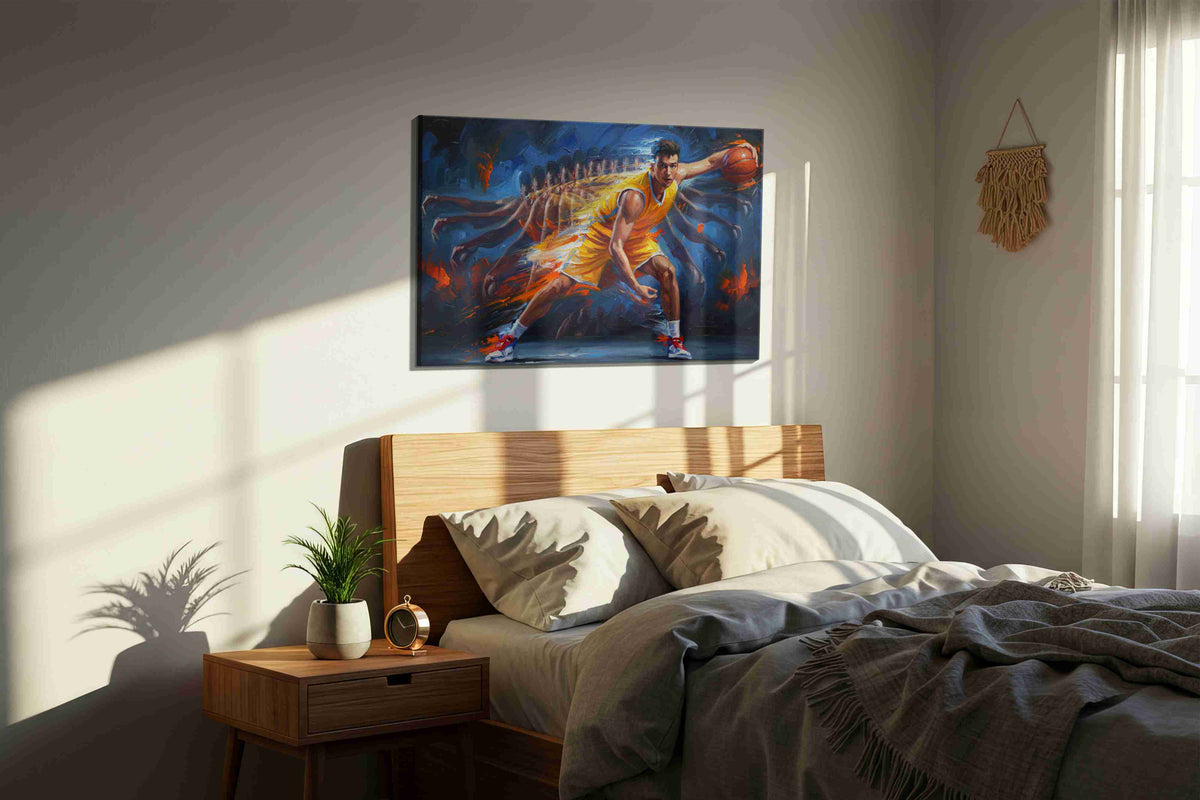 Dynamic Dunk of Determination sports canvas print, displayed in a bedroom