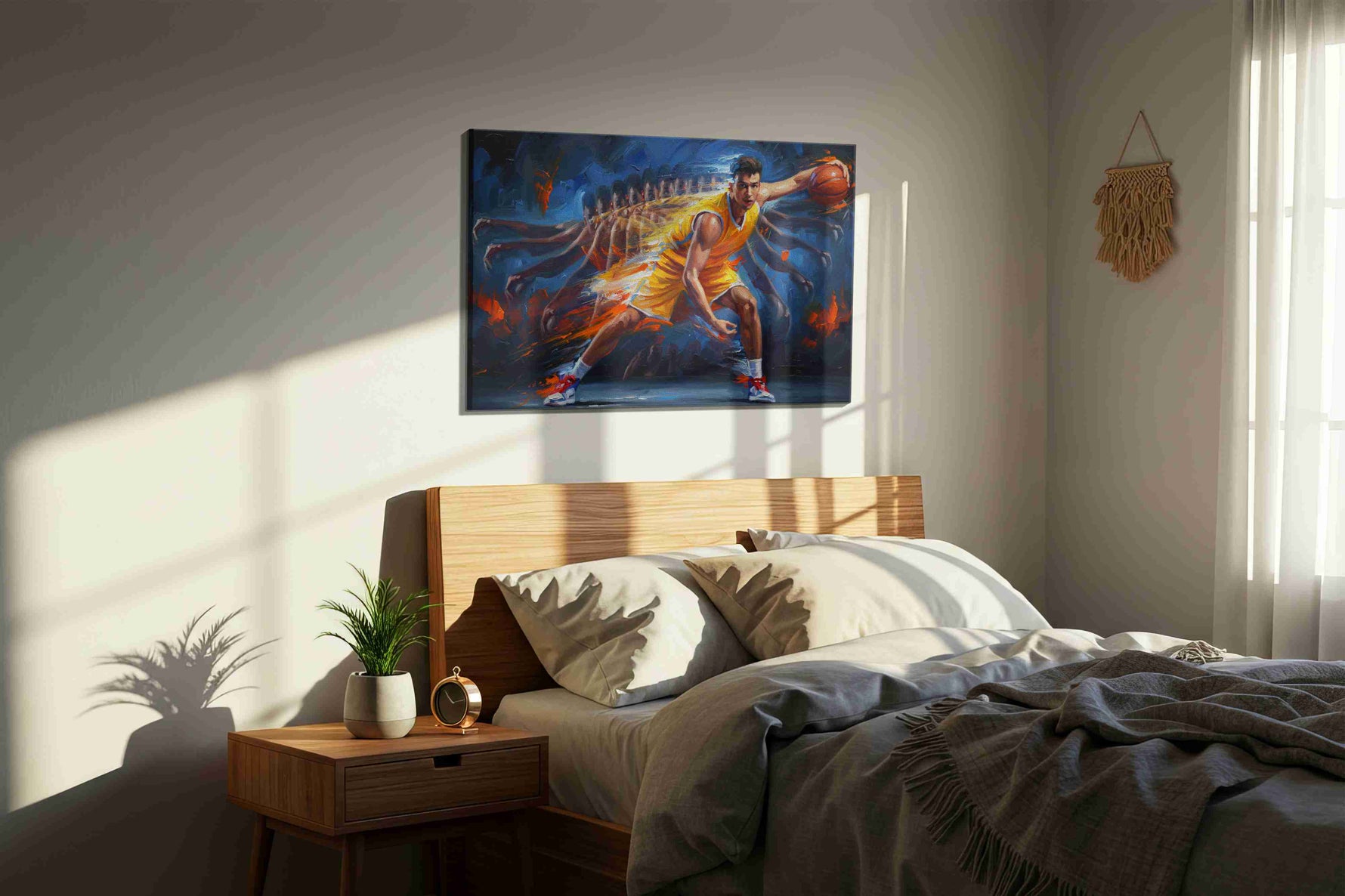 Dynamic Dunk of Determination sports canvas print, displayed in a bedroom