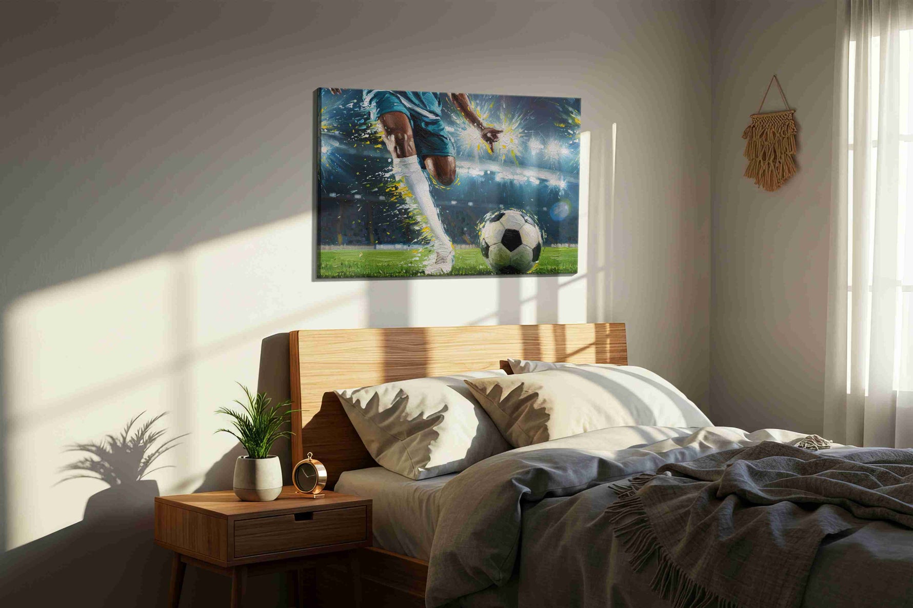 Dynamic Goal Pursuit sports canvas print, displayed in a bedroom