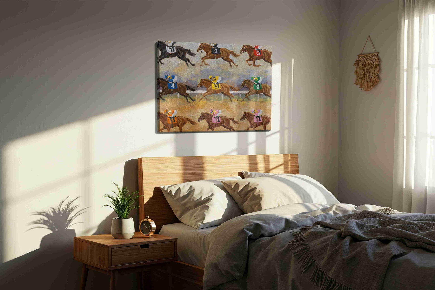 Galloping Triumph horses canvas print, displayed in a bedroom