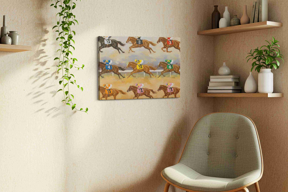 Galloping Triumph horses canvas print, displayed in a living room