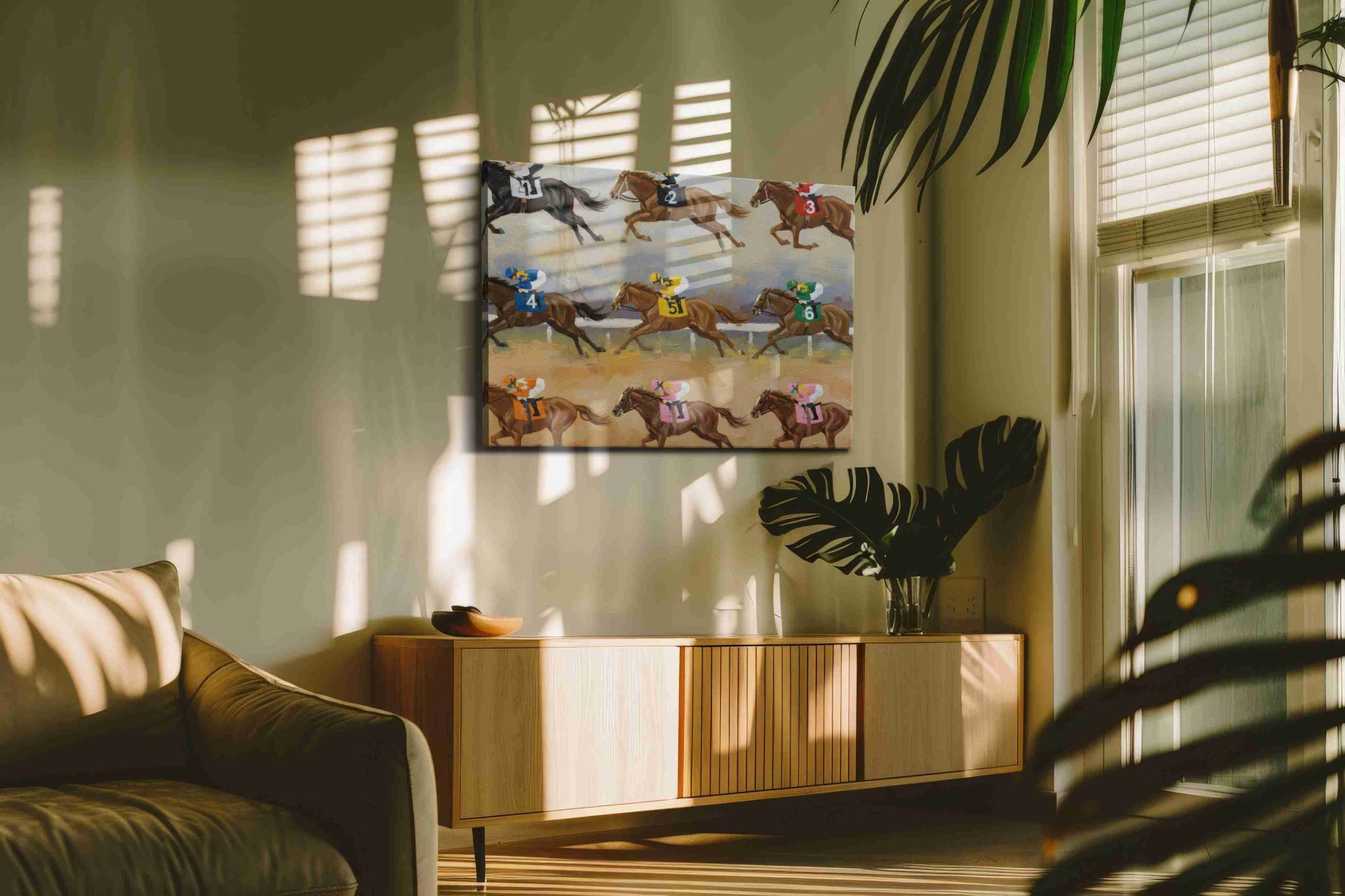 Galloping Triumph horses canvas print in a contemporary interior mockup