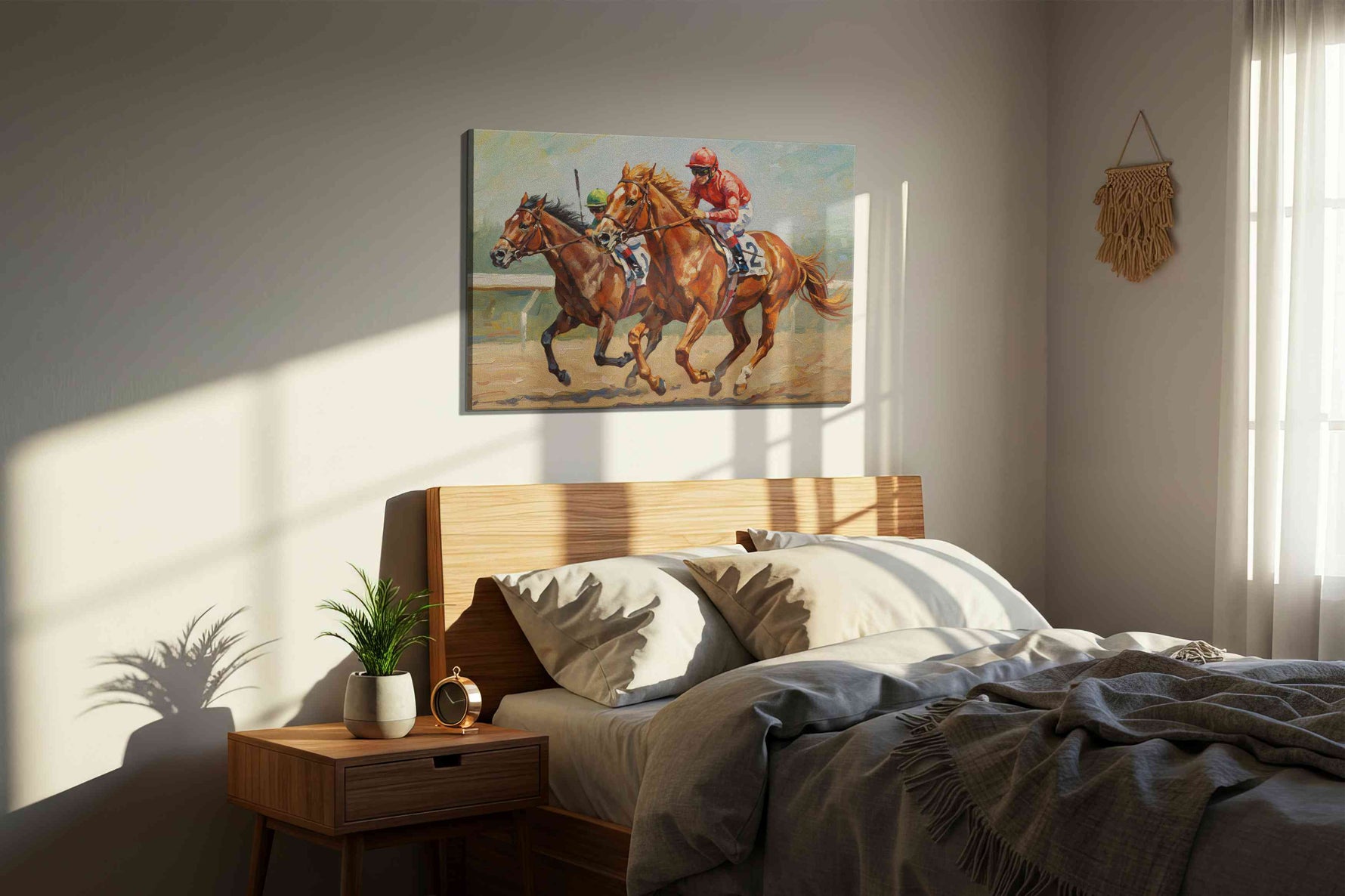 Galloping Victory horses canvas print, displayed in a bedroom