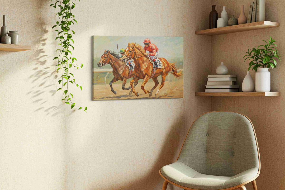 Galloping Victory horses canvas print in a living room scene