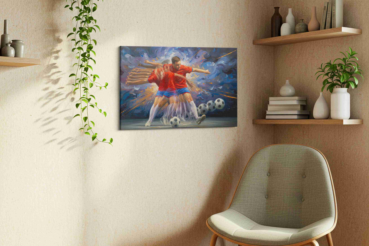 Kinetic Soccer Symphony sports canvas print, displayed in a living room