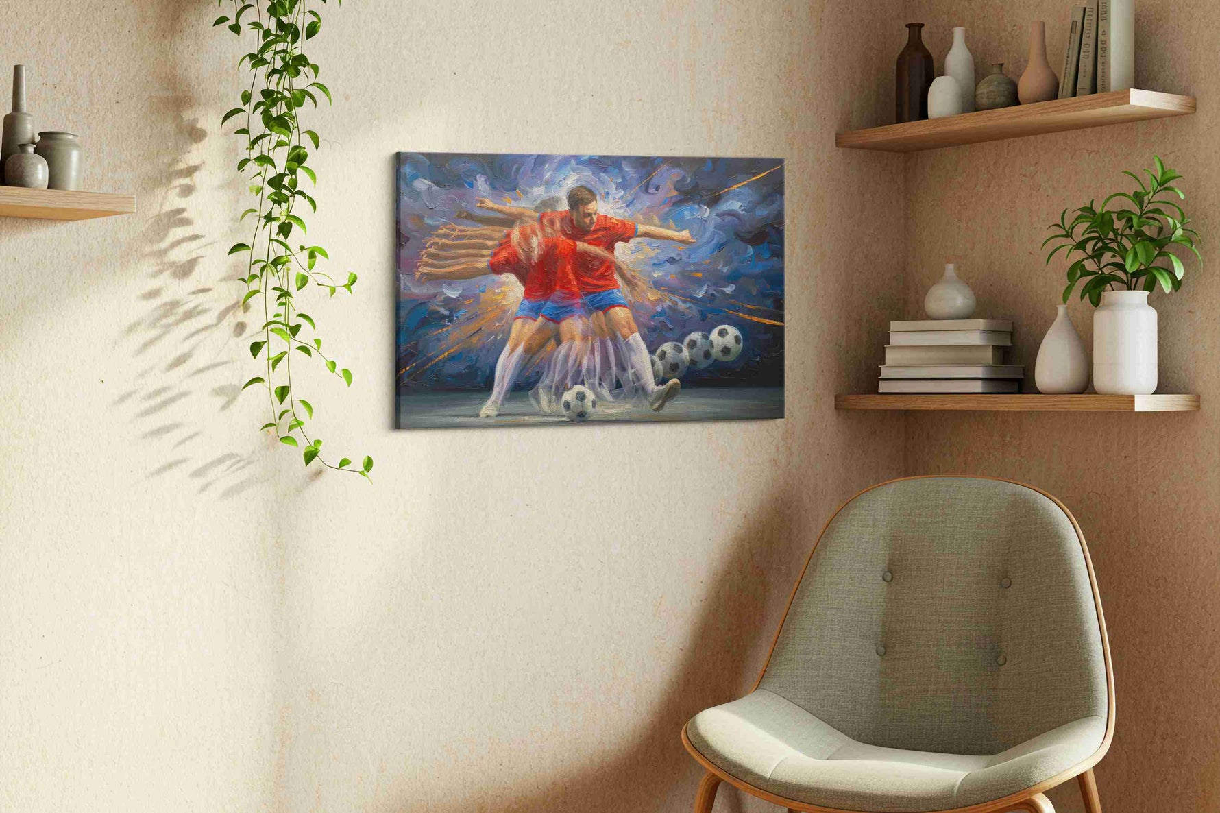 Kinetic Soccer Symphony sports canvas print, displayed in a living room