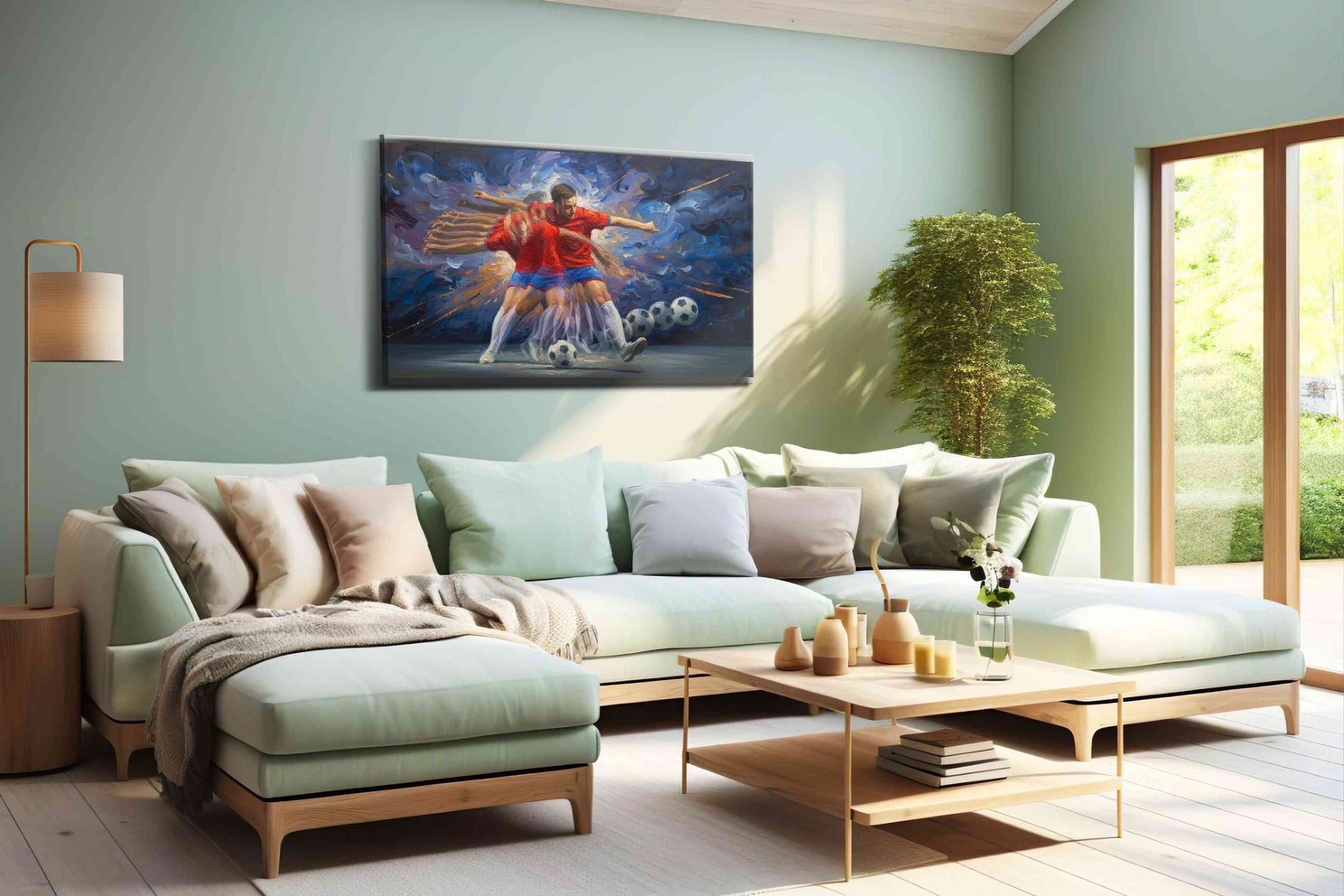 Kinetic Soccer Symphony sports canvas print, hanging on wall