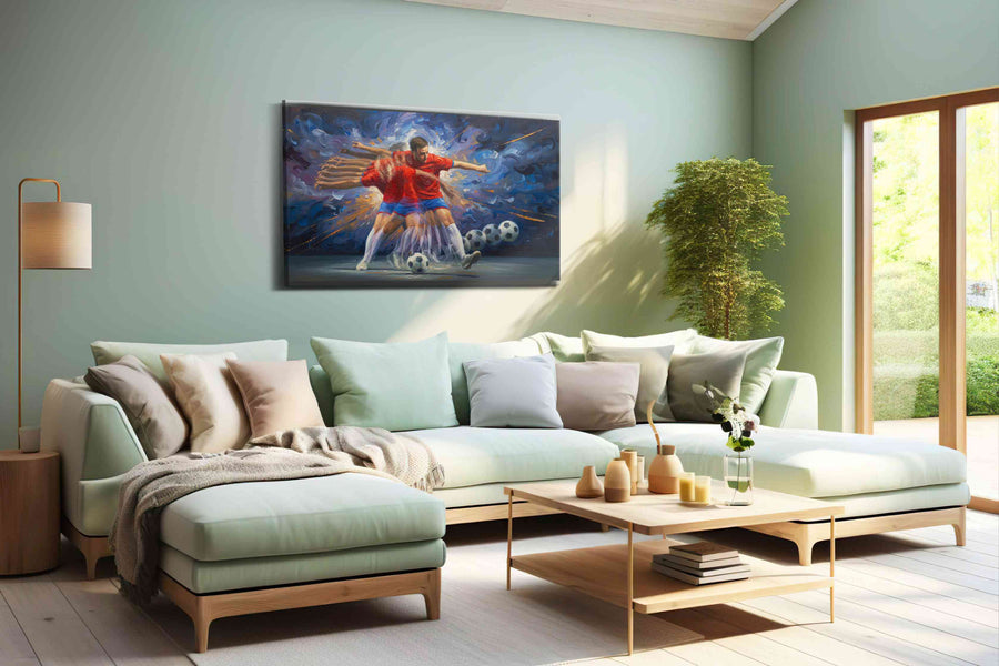 Kinetic Soccer Symphony sports canvas print, hanging on wall
