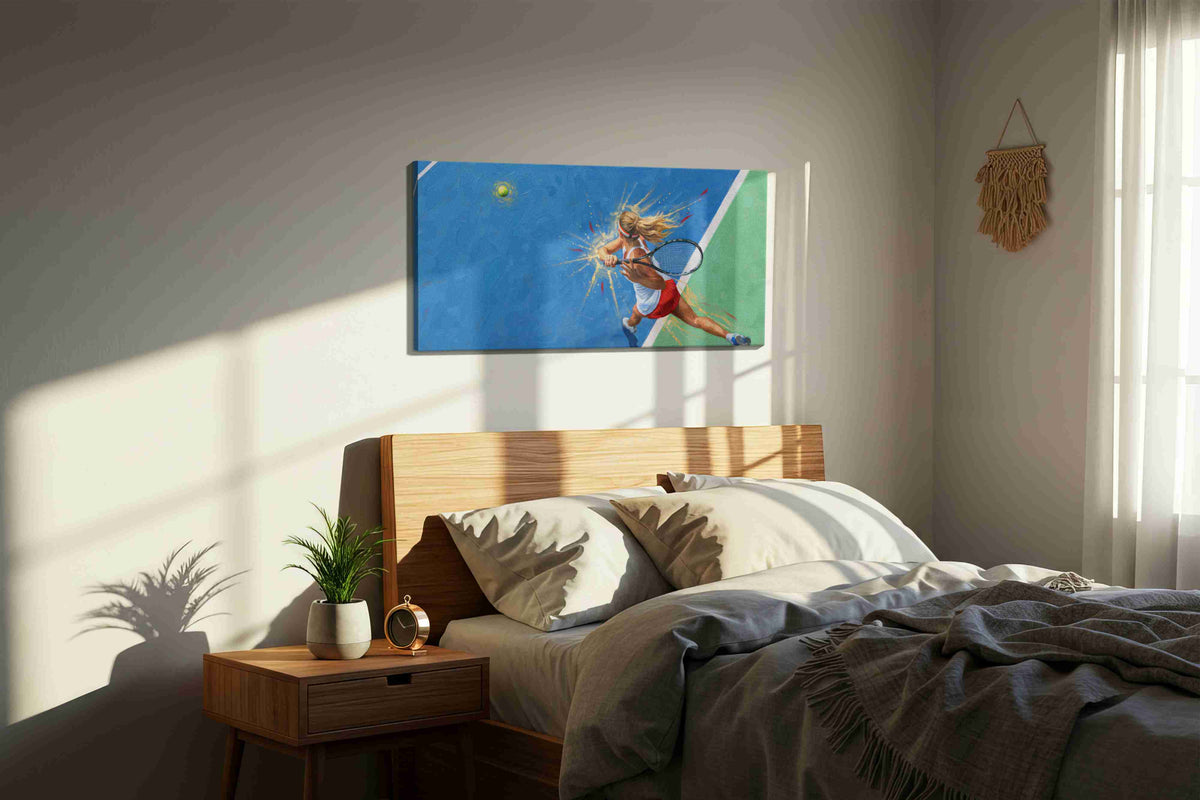 Powerful Serve in Motion sports canvas print, displayed in a bedroom