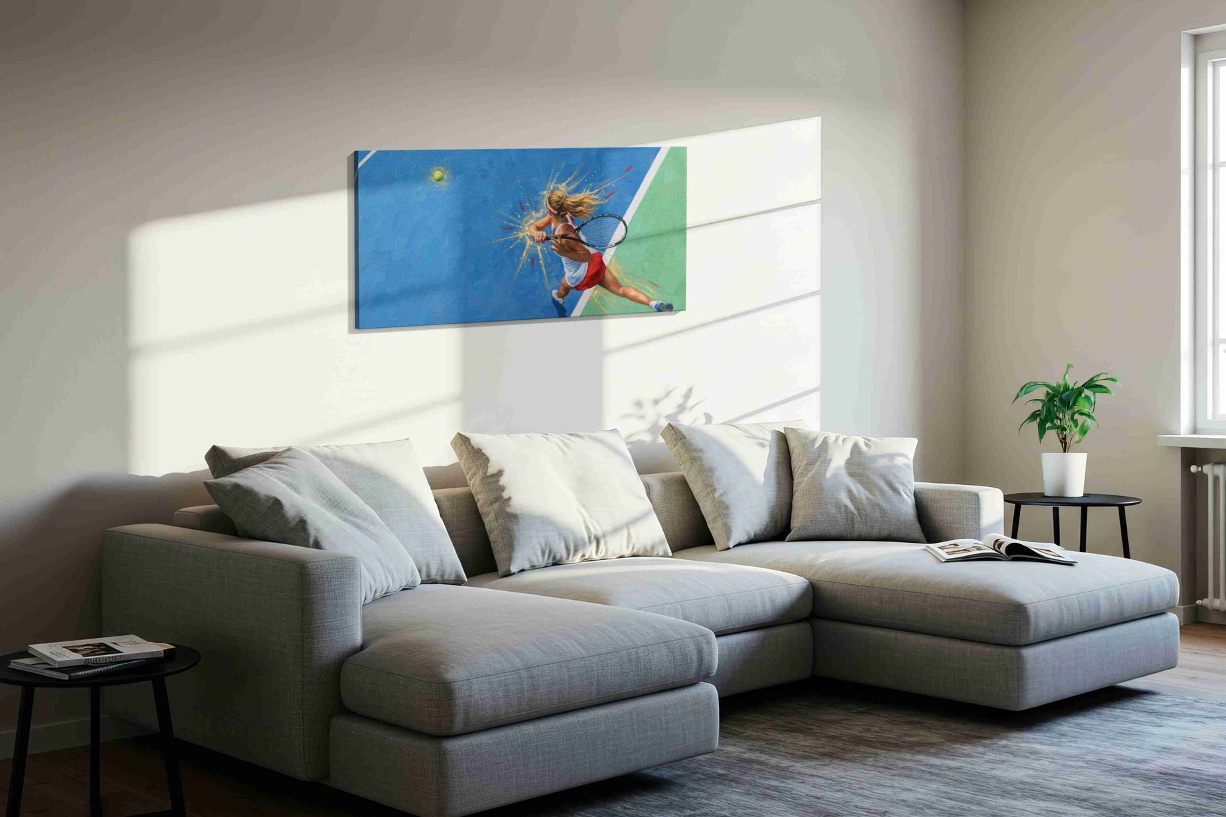 Powerful Serve in Motion sports canvas print, displayed in a living room