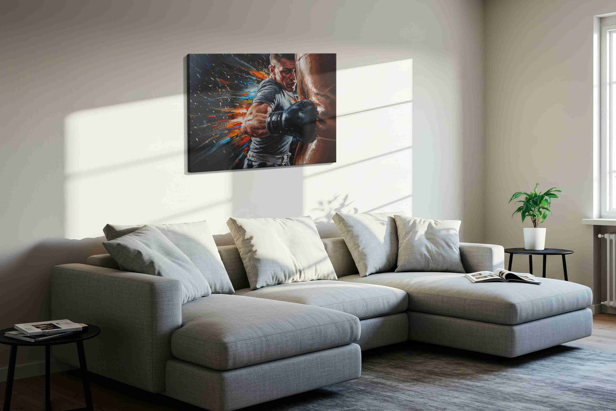 Punching Through Time sports canvas print, displayed in a living room