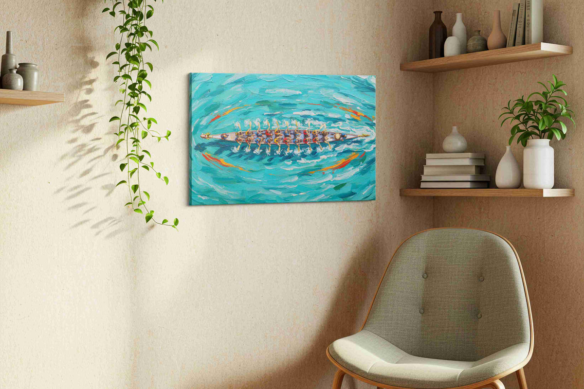 Rhythm of the Oars sports canvas print, displayed in a living room