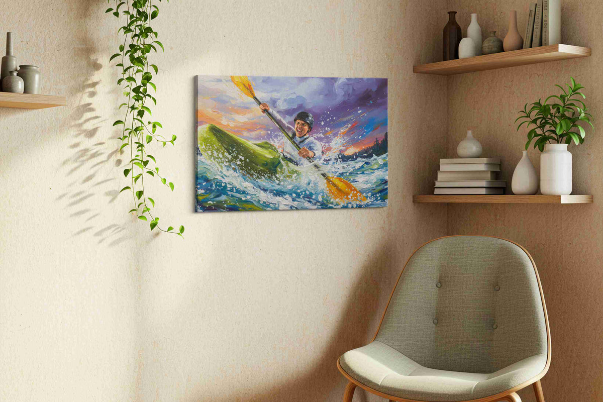 Rushing Rapids Adventure sports canvas print, displayed in a living room