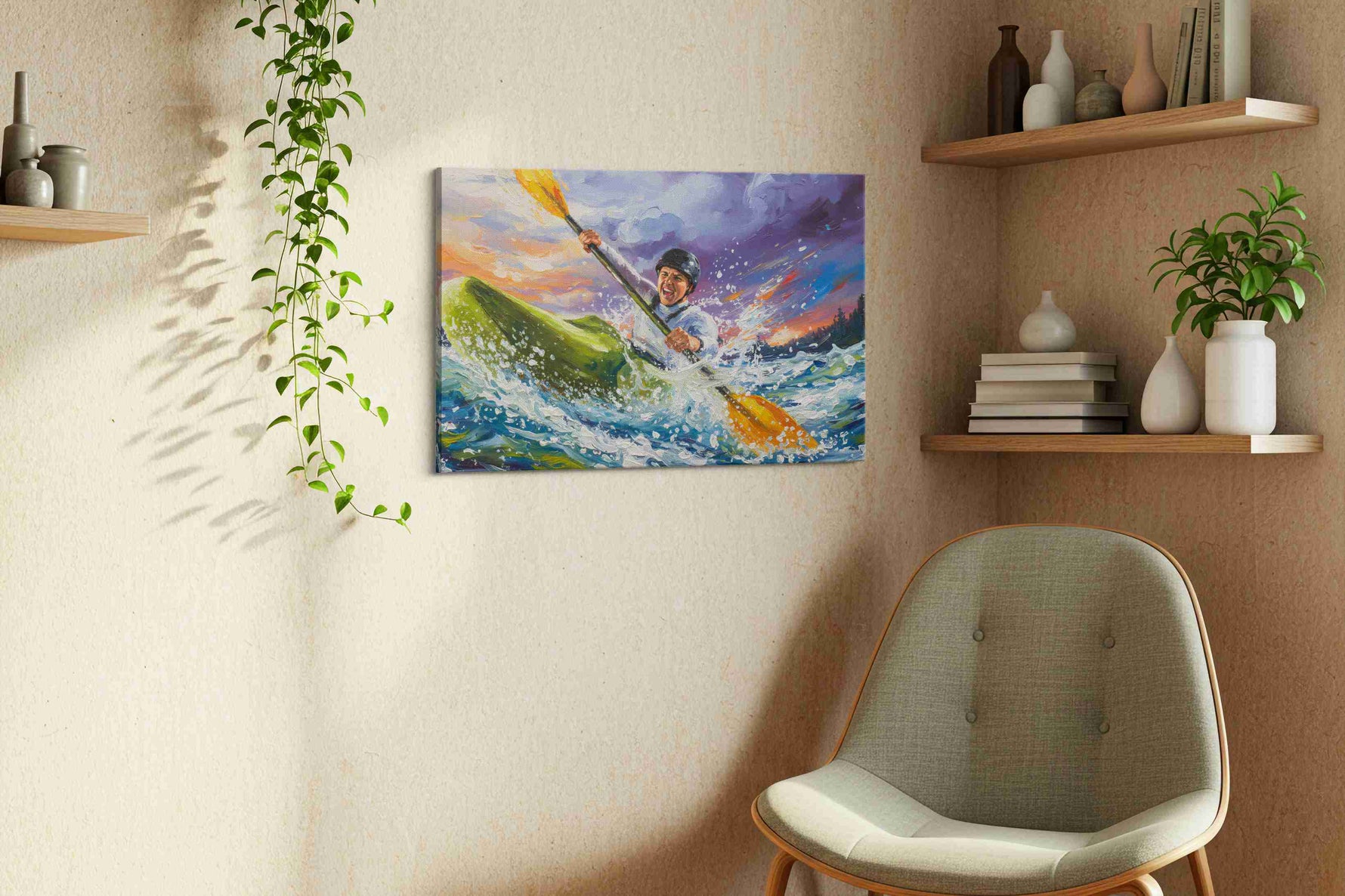 Rushing Rapids Adventure sports canvas print, displayed in a living room