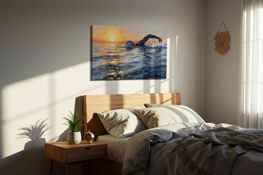 Sunlit Serenity Swim sports canvas print, displayed in a bedroom