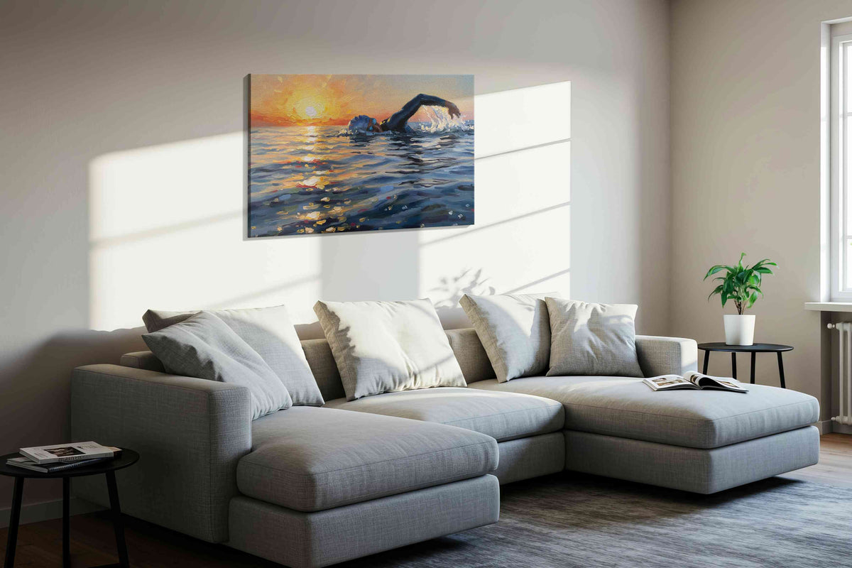 Sunlit Serenity Swim sports canvas print in a living room scene