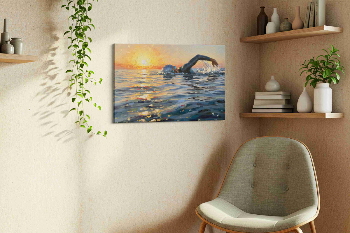 Sunlit Serenity Swim sports canvas print, displayed in a living room