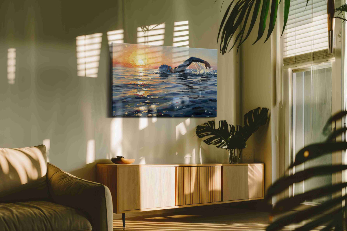 Sunlit Serenity Swim sports canvas print, on wall, lifestyle preview