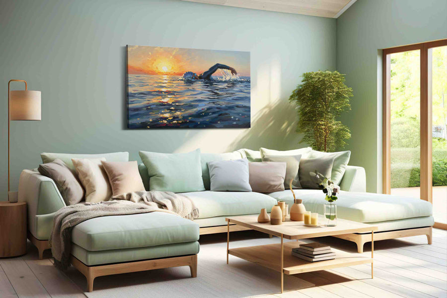 Sunlit Serenity Swim sports canvas print, hanging on wall
