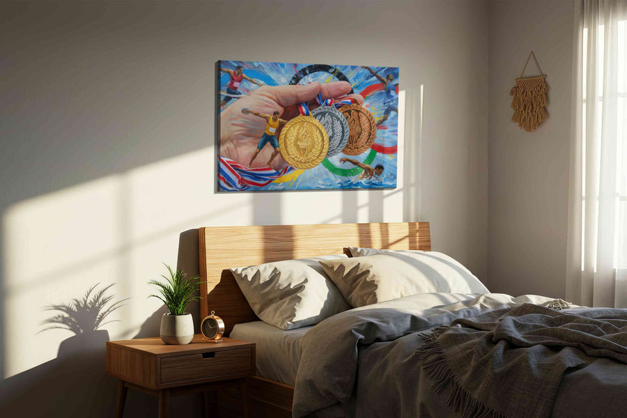 Triumph of the Rings sports canvas print, displayed in a bedroom