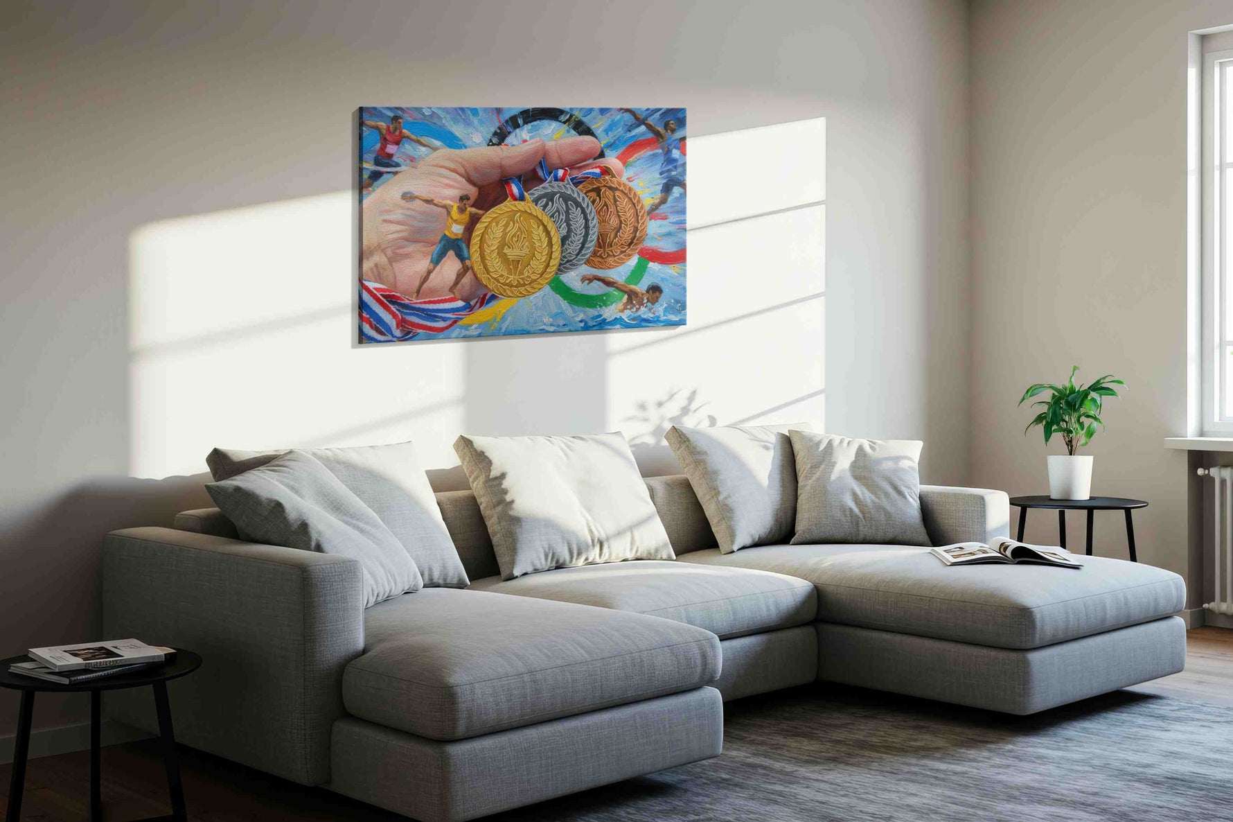Triumph of the Rings sports canvas print, displayed in a living room