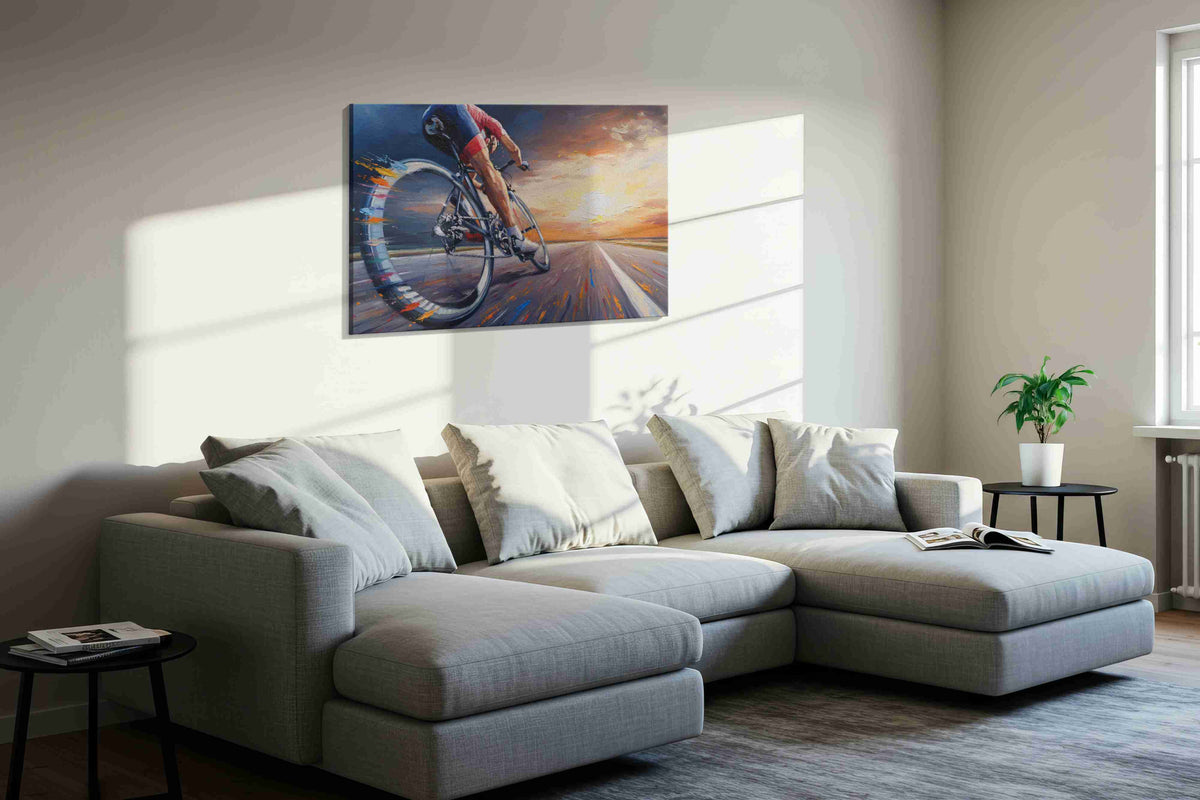 Velocity at Dawn sports canvas print, displayed in a living room