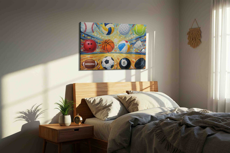 Vibrant Arena of Play sports canvas print, displayed in a bedroom