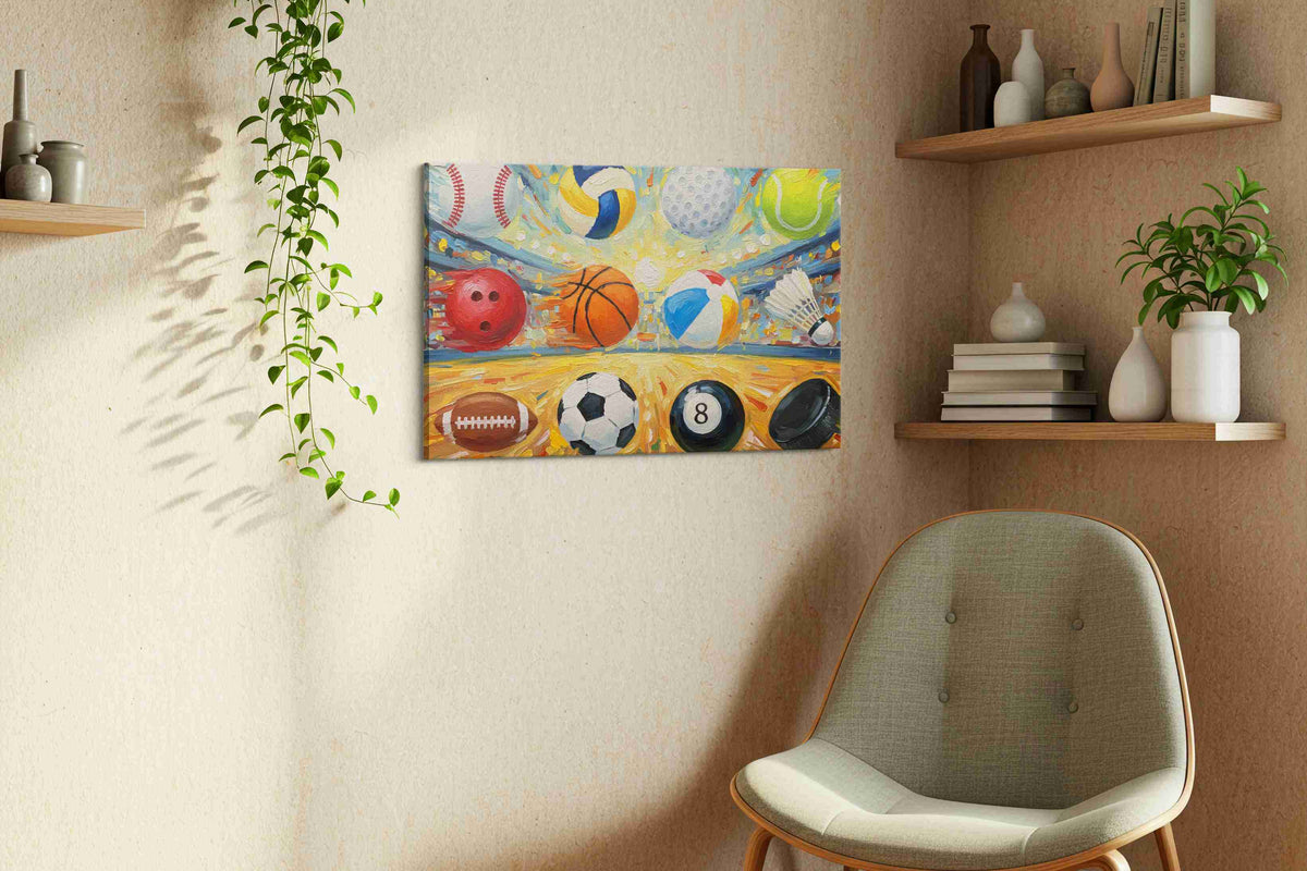 Vibrant Arena of Play sports canvas print, displayed in a living room