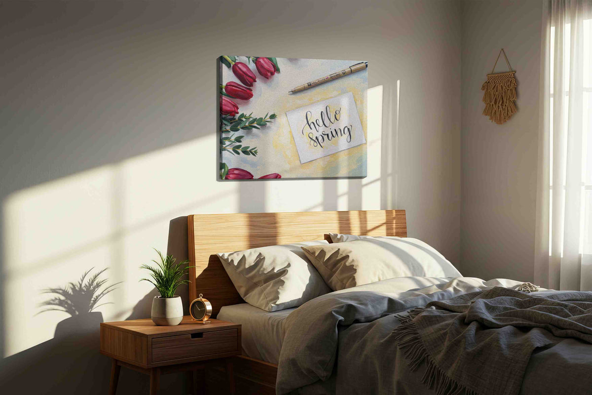 Tulip Greetings of Spring spring canvas print, displayed in a bedroom