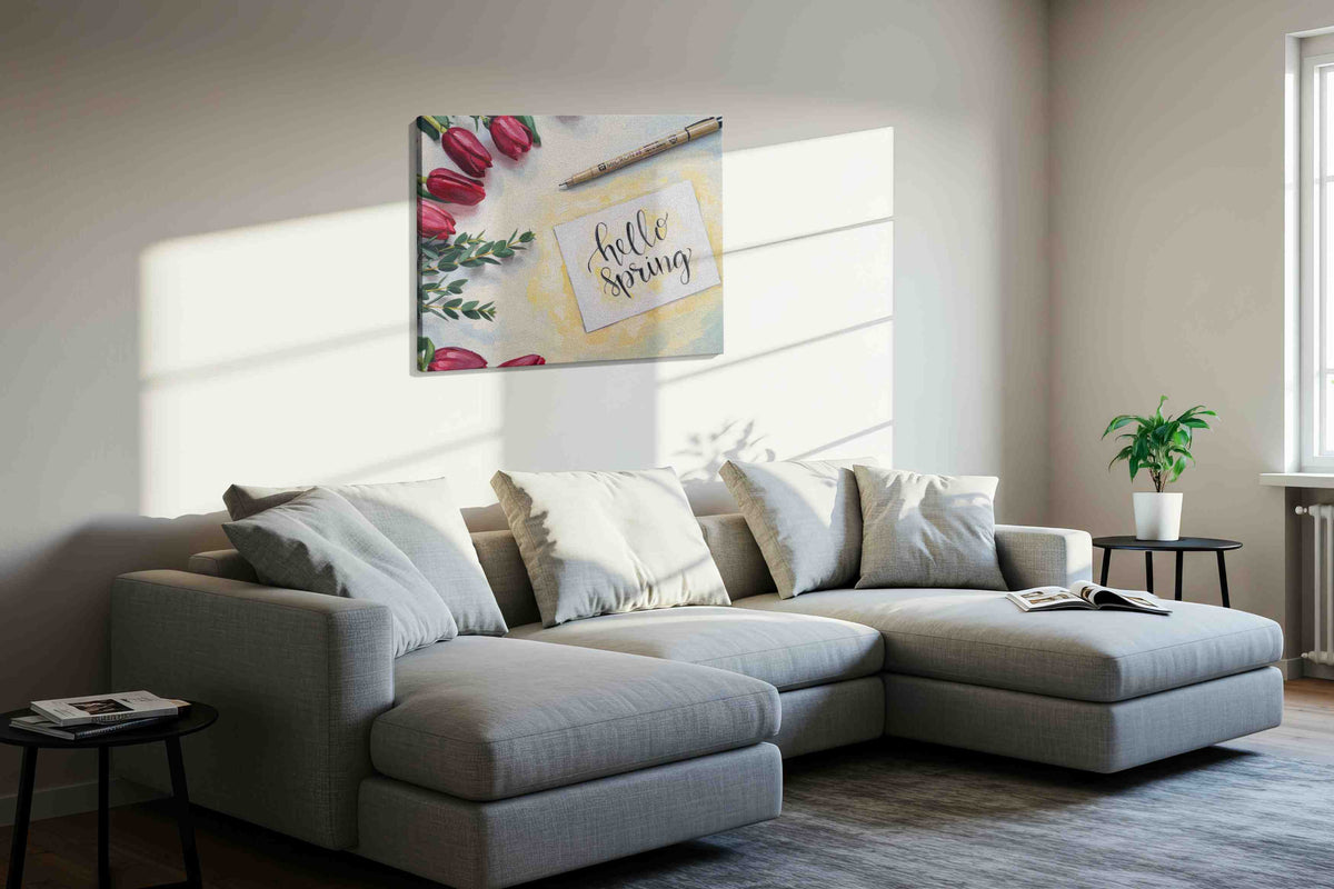 Tulip Greetings of Spring spring canvas print, displayed in a living room